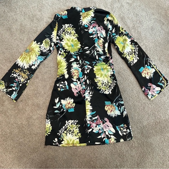 Zara Black satin floral flower print long sleeve high neck mini dress Sz S NWOT - Picture 4 of 13